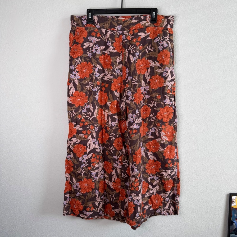 Haute Hippie 100% Linen Wide Leg Pants Orange Floral Resort Womens XL Artsy Boho